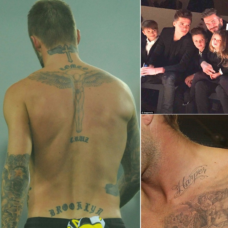 Cựu sao sân cỏ David Beckham đều xăm tên của 3 cậu con trai Brooklyn, Cruz, và Romeo trên lưng, dọc theo cột sống. Riêng tên cô con gái Harper, David dành một chỗ ở ngay gần cổ.