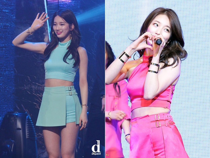 Suzy khoe thân hình đã giảm cân trong bộ đồ diễn một màu trơn nổi bật. Chiếc áo dáng crop top, thân yếm giúp thành viên miss A khoe được vòng eo thon và không quá hở hang.