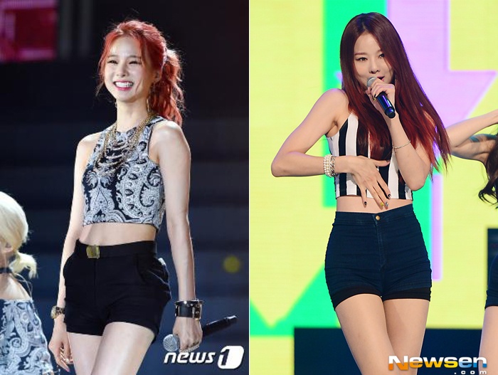 Trang phục diễn của nhóm EXID thường là áo crop top không tay vào mùa hè và quần shorts cạp cao không chỉ phô diễn vòng 2 mà còn tạo cảm giác chân dài.