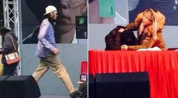 Hình ảnh người đàn ông xông vào đánh Lâm Tuấn Kiệt (trái) và hình ảnh nam ca sĩ Đài Loan ôm đầu vì đau đớn.