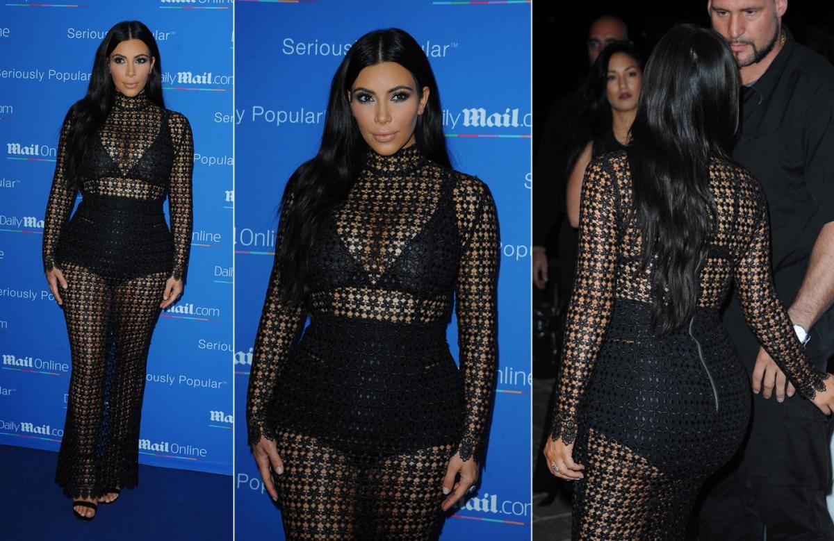 Mang bầu ở những tháng đầu tiên nên Kim chưa bị lộ bụng. Bà bầu 34 tuổi vẫn có thể diện trang phục xuyên thấu. Hôm 24/6, Kim mang đến bộ váy xuyên thấu màu đen, khoe khéo nội y với điểm nhấn là đôi gò bồng đầy đặn ở sự kiện Cannes Lions Festival.  