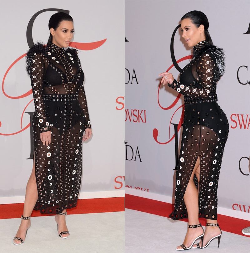 Vào thời điểm mới thông báo mang thai lần 2, Kim dự lễ trao giải CFDA Fashion Awards. Lúc này cơ thể cô chưa lộ rõ dấu hiệu mang bầu. Người đẹp tự tin trong thiết kế xuyên thấu Proenza Schouler khá cầu kỳ. Vải sheer được đính vòng kim loại nhỏ, phần vai kết lông. 