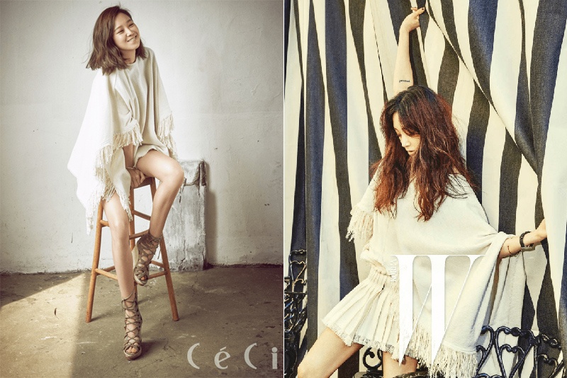 Đều là hai ngôi sao có phong cách thời trang ấn tượng, Gong Hyo Jin và Jung Ryu Won bất ngờ đụng hàng áo cape tua rua hiệu Isabel Marant. Trên ấn phẩm Ceci, Gong Hyo Jin mang đến phong cách “giấu quần”, đi kèm với sandal chiến binh cá tính. Trong khi đó Jung Ryu Won phối cầu kỳ áo cape với quần shorts đồng điệu trên tạp chí W.