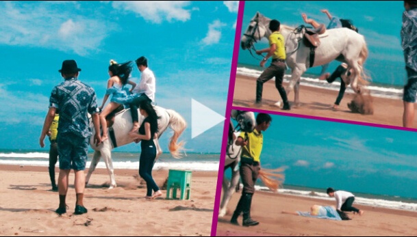 Cảnh ngã ngựa bị ghi lại của Vương Tâm Điềm. Cô bị hất tung xuống đất.