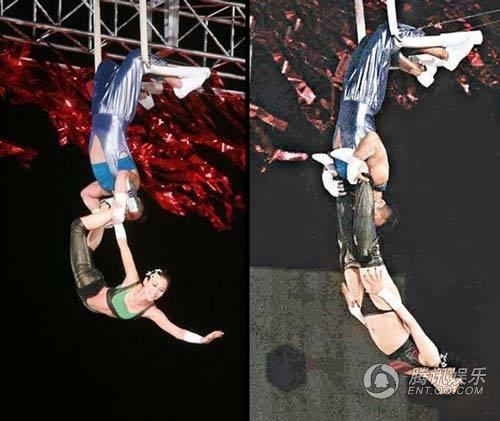 Trịnh Hi Di từng tham dự một tiết mục mạo hiểm trên sân khấu truyền hình trực tiếp. Không ngờ, tài tử Tiền Gia Lạc với nhiệm vụ giữ thăng bằng cho người đẹp đã kéo luôn cả quần của cô.