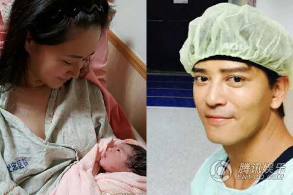 Trần Hiểu Đông có mặt bên vợ trong giờ sinh nở. Ảnh bên trái là vợ anh và cô công chúa nhỏ mới chào đời.