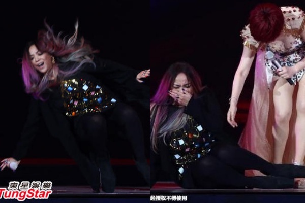 Trương Huệ Muội ngã trên sân khấu.