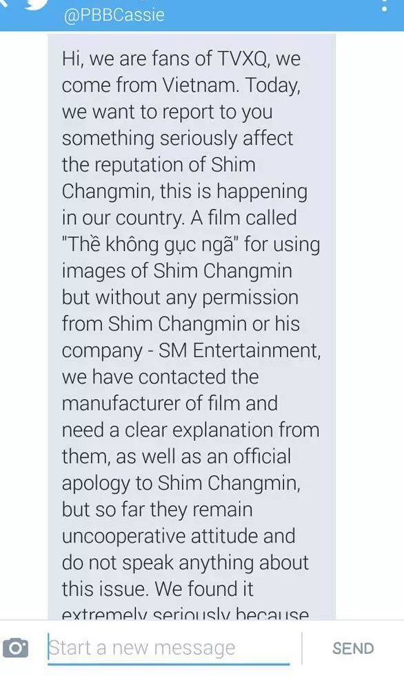 Bài viết của fan Changmin ở Việt Nam gửi đến cộng đồng mạng Hàn Quốc về vụ việc ảnh Changmin xuất hiện trong phim Thề không gục ngã.