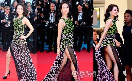 Chương Tử Di không cần gây chú ý vẫn tạo được hiệu ứng quốc tế. Cô thuộc số ít những diễn viên Hoa ngữ được o bế. Nhưng trong một lần thảm đỏ tại Pháp, người đẹp mất điểm khi mặc váy hớ hênh vòng ba.