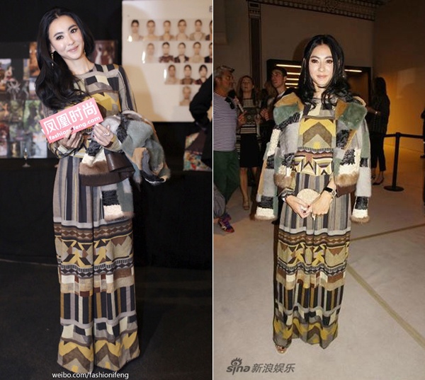 Hôm 25/9, Trương Bá Chi làm khách mời tới dự show thời trang của nhà mốt Etro tại Tuần lễ thời trang Milan Xuân hè 2016. Nữ diễn viên diện trang phục của thương hiệu gồm bộ váy dài và áo khoác lông thú mang họa tiết là những mảng màu trầm.