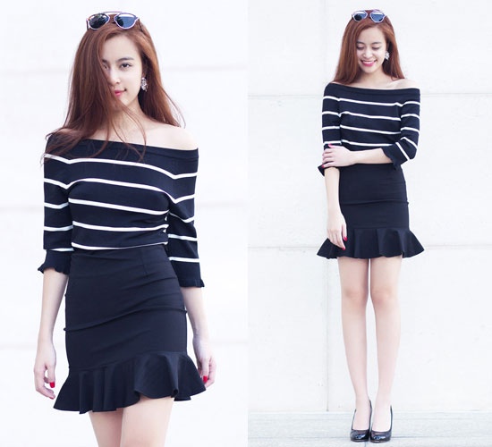 Chân váy bút chì cũng cực quyến rũ khi được Hoàng Thùy Linh kết hợp với áo trễ vai. Đôi giày cao gót càng tăng thêm nét sang trọng của người đẹp.