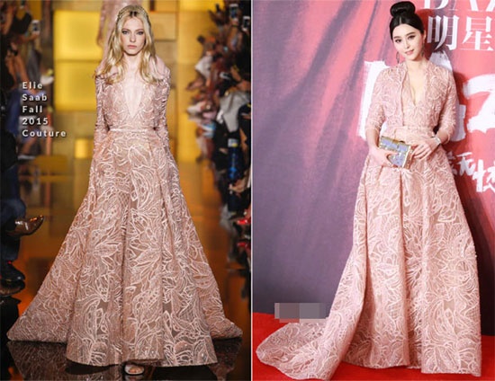 Tại sự kiện từ thiện do tạp chí Bazaar tổ chức tại Bắc Kinh, Trung Quốc mới đây, Phạm Băng Băng thu hút sự chú ý của báo giới lẫn công chúng trong bộ váy Elie Saab Couture 2015. Với gam màu hồng pastel, thiết kế xẻ ngực và dáng xòe bồng bềnh, Phạm Băng Băng xinh xắn như công chúa.