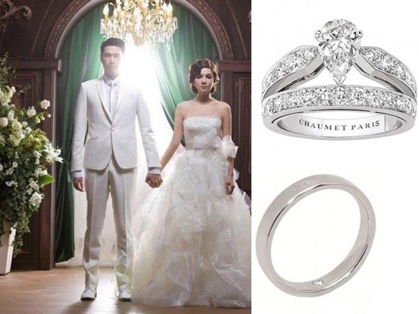 Cô nàng Ella của nhóm S.H.E cũng sở hữu một chiếc nhẫn cưới của thương hiệu Chaumet, thiết kế chiếc nhẫn giống với vương miện của nữ hoàng Josephine, được biết, số trang sức vào ngày kết hôn của Ella có giá trị tới hơn <abbr class=