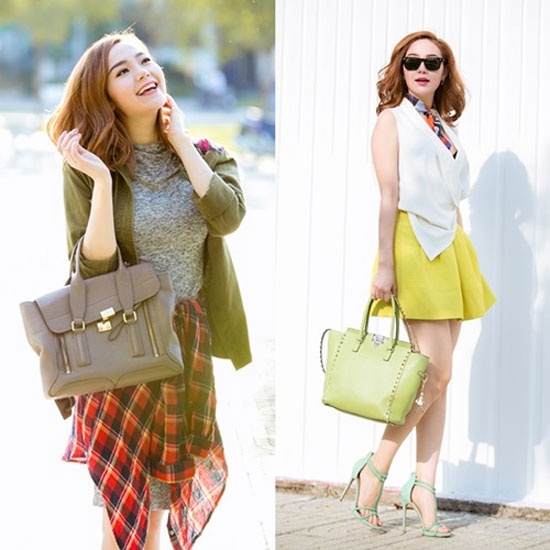 Túi hiệu Phillip Lim và Valentino được cô sử dụng kết hợp với trang phục để tạo nên đẳng cấp thời trang đường phố đẹp nhất nhì showbiz Việt.