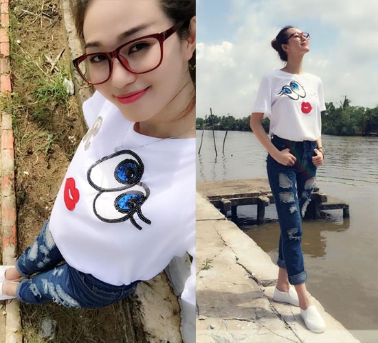 Diễm My, Lê Thúy, Khánh My chọn cách phối đồ cực đơn giản nhưng  phong cách là quần jean rách và áo đơn màu in họa tiết ở phần ngực.