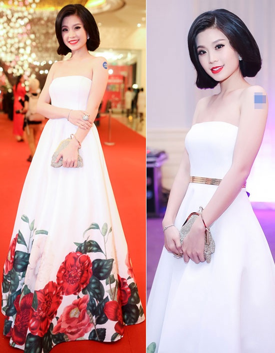 Á hậu Việt Nam 2014 Diễm Trang xây hình thành công hình ảnh quý cô đài các  trong bộ váy cúp ngực gam trắng, họa tiết hoa đi dự tiệc.