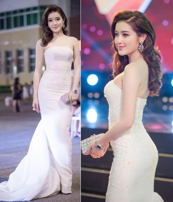 Á hậu Huyền My gây ấn tượng đặc biệt về đường cong tuyệt mỹ với bộ đầm dạ hội cầu kỳ màu trắng.