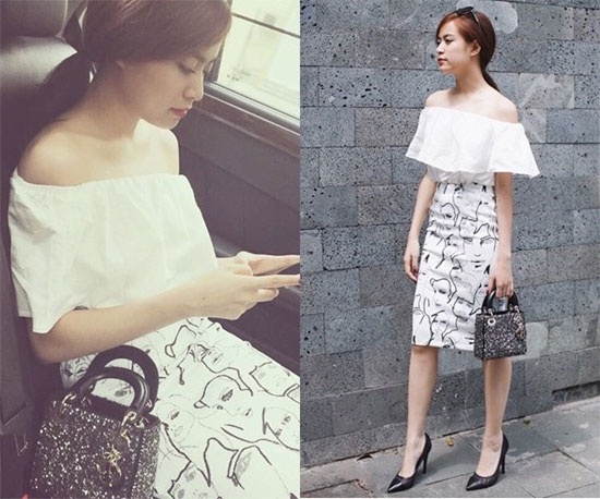 Hoàng Thùy Linh rất thông minh và kĩ càng lựa chọn trang phục đi với phụ kiện. Với chân váy họa tiết, áo trắng trễ vai thì cô lại kết hợp thêm túi Dior màu đen nhỏ xinh.