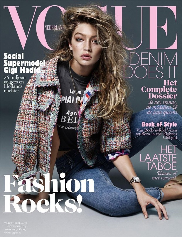 Gigi Hadid là ngôi sao trang bìa của Vogue Hà Lan số tháng 11/2015. Cùng với cô bạn thân Kendall Jenner, Gigi là một trong những người mẫu trẻ đình đám hiện nay. Cô sở hữu thân hình cân đối, khỏe khoắn, khác biệt với xu hướng mình dây trong giới mẫu.