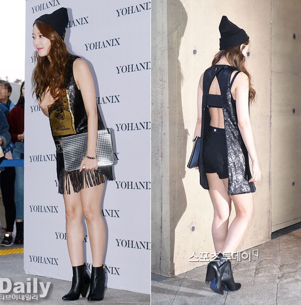 Cùng sự kiện, một kiều nữ Kpop khác cũng diện mốt hở sau là Woo Ri Go của nhóm Rainbow. Tuy nhiên, trang phục của Woo Ri Go kém tinh tế khi để lộ dây áo ngực. 