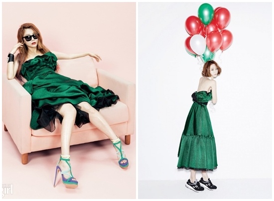 Điểm khác biệt trong phong cách của Go Joon Hee và Jea nằm ở đôi giày mà họ chọn.  Nếu Jea nữ tính và thời thượng với đôi giày cao gót của Jinny Kim thì Go Joon Hee lại  phá cách khi mặc chiếc váy xanh lá điệu đà này với đôi giày thể thao của New Balance.