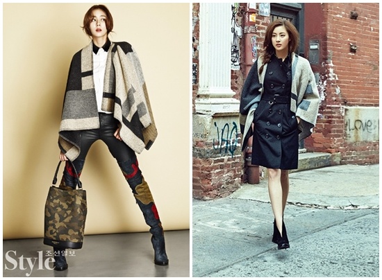 Uee đã đem đến một hình ảnh cá tính và mạnh mẽ khi phối hợp chiếc áo choàng của Burberry với sơ mi trắng, quần da skinny cùng một đôi bốt da lộn có họa tiết lạ mắt  dài trên đầu gối. Trong khi đó Kang So Ra lại cho thấy vẻ thanh lịch và sang trọng khi mặc chiếc áo choàng này bên ngoài một chiếc áo khoác Trend Coat màu xanh navy.