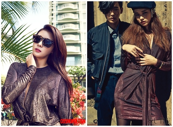 Nếu Ha Ji Won thích phong cách tối giản khi chỉ chọn một chiếc kính mắt làm phụ kiện  thì người mẫu Han Eu Deum lại kết hợp chiếc váy ánh kim đến từ thương hiệu Blumarine  với một chiếc mũ nồi của Top Shop và trang sức của Kate & Kelly.