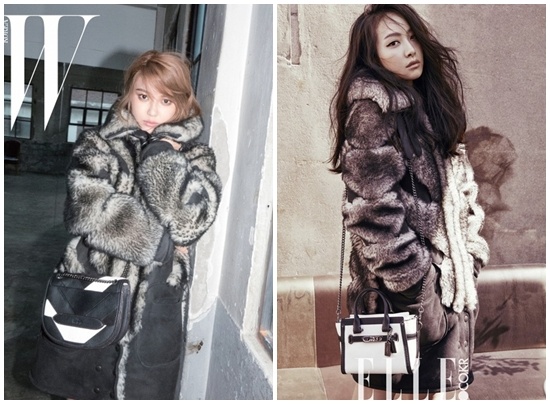 Sooyoung và Victoria không chỉ mặc cùng một chiếc áo khoác lông cừu của Coach mà  còn kết hợp nó với những chiếc túi xách cũng đến từ nhãn hiệu này, chỉ khác kiểu.