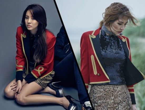 Không có khác biệt gì mấy trong phong cách của Dara và Hye Won Yeo khi họ cùng mặc cả cây đồ hiệu của Yves Saint Laurent: áo khoác màu đỏ kết hợp cùng áo ánh kim mặc bên trong, cùng chân váy có họa tiết da báo.