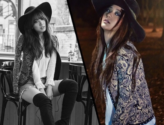 Với chiếc áo khoác thêu họa tiết của Yves Saint Laurent, Park Shin Hye đã hóa quý cô thành thị cá tính và nổi loạn khi mặc nó với áo sơ mi trắng, mũ rộng vành, quần short và bốt cao quá gối. Trong khi đó phong cách của Krystal cũng không quá khác biệt khi có sự kết hợp gần tương tự.