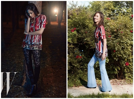 Cùng một chiếc váy của Louis Vuitton nhưng Gong Hyo Jin và Krystal lại mang đến  những cái nhìn không giống nhau. Nếu thành viên của nhóm f(x) rũ bỏ hình ảnh ngây  thơ khi mặc chiếc váy này với legging ren đen thì đàn chị Gong Hyo Jin lại chuộng phong cách retro khi kết hợp nó với quần jeans xanh ống loe.