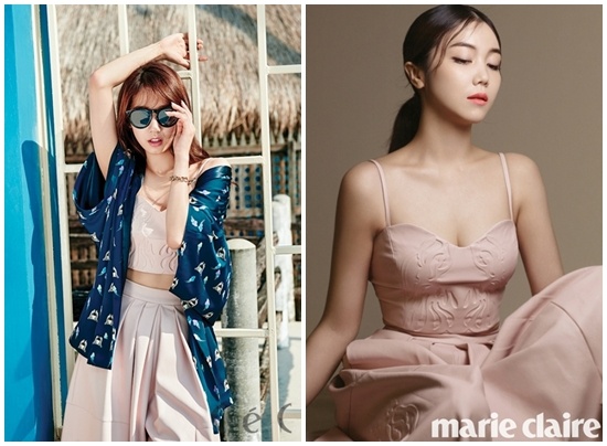 Park Shin Hye trông thật sành điệu với áo và chân váy màu hồng phấn cùng của thương  hiệu S = YZ, kết hợp với một cặp kính mát tròn và khăn choàng lụa màu xanh. Còn Kim  Ok Bin lại muốn làm nổi bật vẻ đẹp của bộ trang phục bằng cách không dùng bất kỳ một phụ kiện nào.