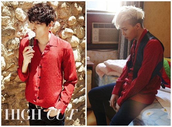 Cả G-Dragon và Kang Dong Won đều mặc chiếc áo sơ mi lụa màu đỏ chấm bi đen đến từ thương hiệu Yves Saint Laurent. Nếu Kang Dong Won trông lịch sự khi mặc cắm thùng thì trưởng nhóm của Big Bang lại trông khá bụi khi khoác bên ngoài một chiếc gi lê đen mở cúc.