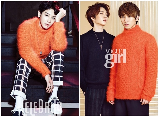 Trong ảnh, Chanyeol của nhóm EXO ngồi trên bậc thềm cầu thang và tựa vào tay mình, như thể đang chờ đợi một chương trình ca nhạc bắt đầu. Anh trông thật bảnh trai với áo len dệt kim màu cam của Christopher Kane kết hợp với quần kẻ caro Kenzo và đôi giày đen trắng Valentino. Cũng chiếc áo này nhưng Eun Kwang của BTOB lại cho thấy vẻ ngoài lạnh lùng khi mặc nó với quần tây màu đen và không quên nhìn thẳng vào ống kính với một ánh mắt sắc lạnh.