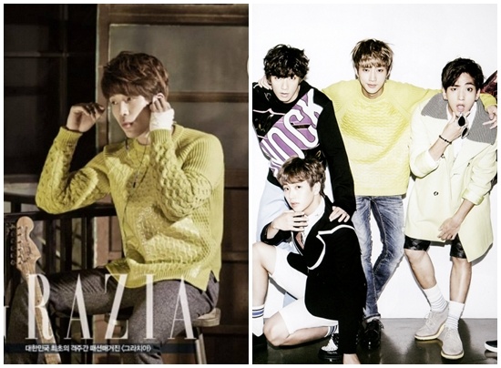 Cả hai nam ca sĩ Changmin và Jin Young đều cho thấy hình ảnh mạnh mẽ và nam tính khi cùng kết hợp chiếc áo len cổ tròn màu vàng của Kenzo với quần jeans.