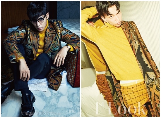 Cùng mặc áo khoác in họa tiết và áo len cổ lọ màu vàng nhưng T.O.P và Do Sang Woo đã mang đến hai hình ảnh đối lập nhau. Nếu T.O.P là quý ông sành điệu khi mặc nó với quần âu và giày da cùng tông màu đen thì Do Sang Woo lại