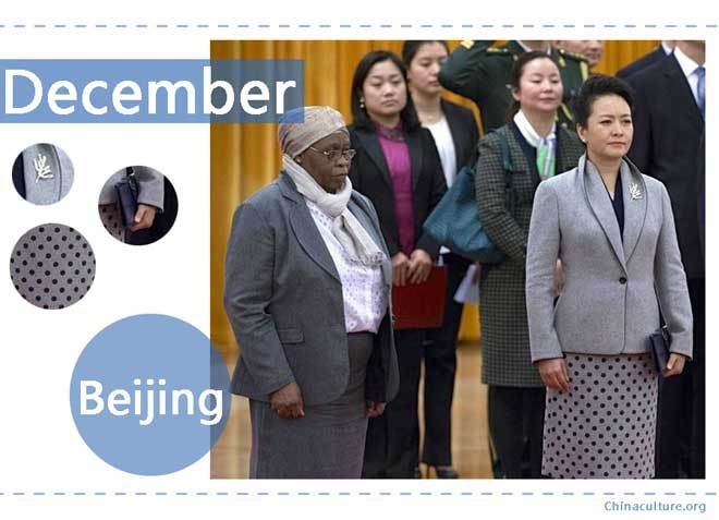  Tiếp đón Tổng thống Nam Phi Jacob Zuma trong chuyến thăm cấp nhà nước Trung Quốc cuối năm 2014, phu nhân Bành diện áo vest màu xám và váy chấm bi cùng màu. Chủ trang Taobao cho biết, tất cả những mẫu trang phục của Bành Lệ Viện đều được sao chép và bán với giá cắt cổ.