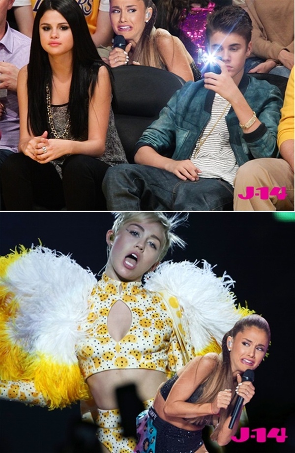 Khuôn mặt sợ hãi của Arian Grande bị chế thành hình ảnh châm biếm Selena Gomez - Justin Bieber hay Miley Cyrus...