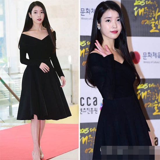 Ở tuổi 22, IU rất khéo léo lựa chọn chiếc váy đen dáng xòe trẻ trung, cổ tim để khoe vòng eo thon, bờ vài mềm mại và làn da trắng ngần khi đi tham dự sự kiện.