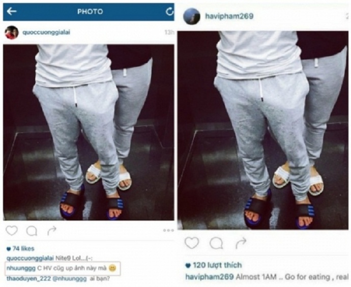 Một cặp đôi tin đồn khác đang là tâm điểm của showbiz Việt là doanh nhân Cường Đô La – chồng cũ ca sĩ Hồ Ngọc Hà và hot girl kiêm người mẫu ảnh Hạ Vi. “Phát súng” đầu tiên công khai chuyện tình của cặp đôi chính là bức ảnh mặc quần đôi màu xám đăng tải trên trang Instagram cá nhân. 