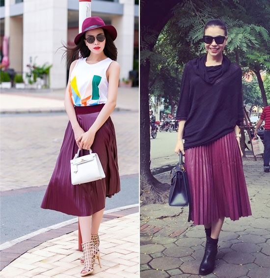 Vẻ đẹp dịu dàng của Trà Ngọc Hằng khi mặc chân váy xếp ly phối phong phú cùng áo ba lỗ, áo dây và áo dáng rộng.