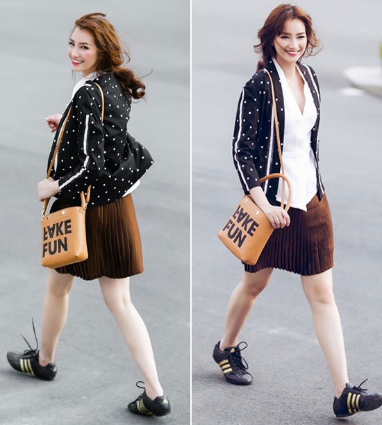 Trúc Diễm mới lạ trên phối với chân váy xếp ly, áo sơ mi bên trong và giày sneaker.