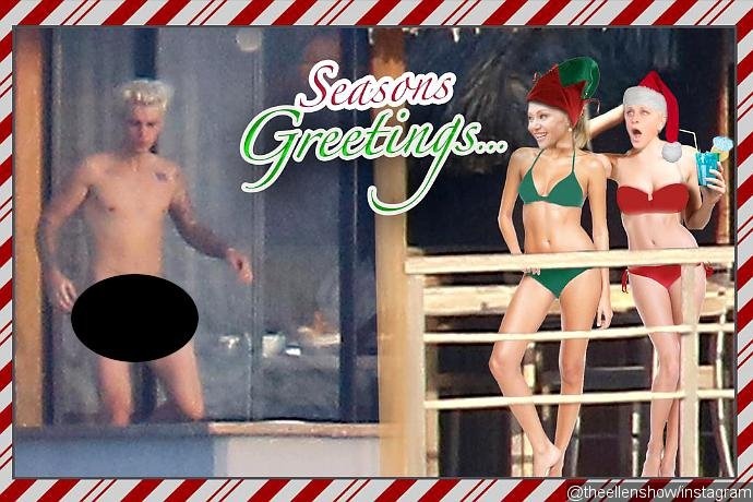 Thiệp mừng Giáng sinh của MC Ellen lấy cảm hứng từ ảnh nude của Justin Bieber.