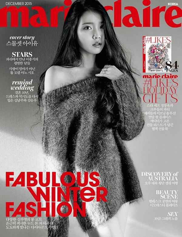 “Em gái quốc dân” IU vừa có bộ ảnh trên tạp chí Marie Claire số phát hành tháng 12/2015. Ngay từ trang bìa là tấm hình nữ ca sĩ mặc áo len theo phong cách giấu quần, để lộ một bên vai gợi cảm.