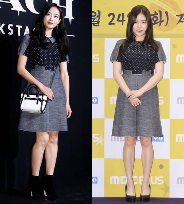 Nữ diễn viên trẻ Cho Hae Jung khiến người đối diện tập trung vào phần ngực đầy đặn trong buổi họp báo phim. Cùng chiếc váy này, nữ ca sĩ Victoria nhóm f(x) có vóc dáng thanh mảnh hơn, cô cũng phối thêm phụ kiện túi xách đen trắng thời trang và diện giày cao gót kèm tất.  