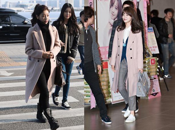 Áo trenhcoat khá phổ biến ở Hàn Quốc, 2 mỹ nhân Kpop Nana (After School) – Soo Young (SNSD) ra sân bay với chiếc áo màu hồng nhạt. Nếu Nana mặc cùng trang phục là “cây đen” thì Soo Young trổ tài biến hóa với phong cách menswear quen thuộc. 