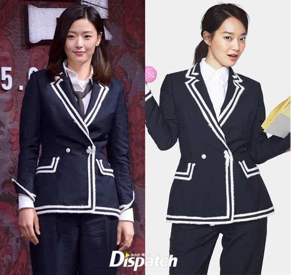Cùng một bộ đồ suit kẻ lấy cảm hứng trang phục thủy thủ nhưng kiểu tóc thẳng khác biệt giúp Jun Ji Hyun trông lịch sự, còn Shin Min Ah thiếu đi chiếc cà-vạt và để tóc buộc trông nghịch ngợm hơn.