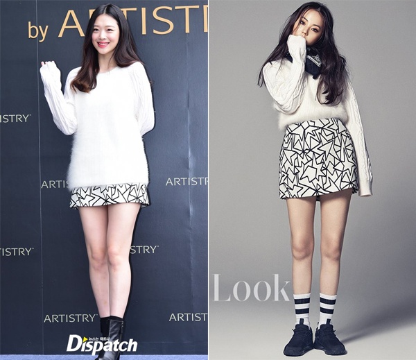 Cùng diện áo len trắng với chân váy họa tiết hình học nhưng Sulli để buông áo, còn Soohee ghi điểm với phong cách nữ sinh khi sơ vin, quàng thêm khăn và đi tất đồng bộ màu đen trắng. 