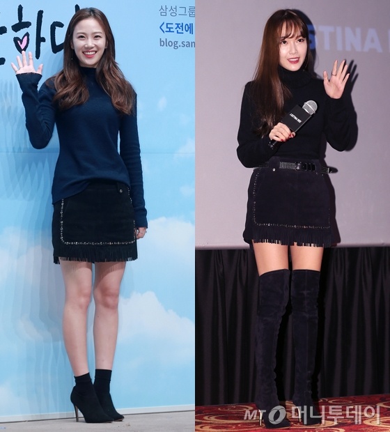 Phối đồng bộ màu đen chân váy ngắn da lộn với áo len, boots cao cổ dù khiến Jessica già dặn hơn nhưng không lôi thôi như chân dài Jang Hee Ryung để buông áo lửng lơ kém bắt mắt.