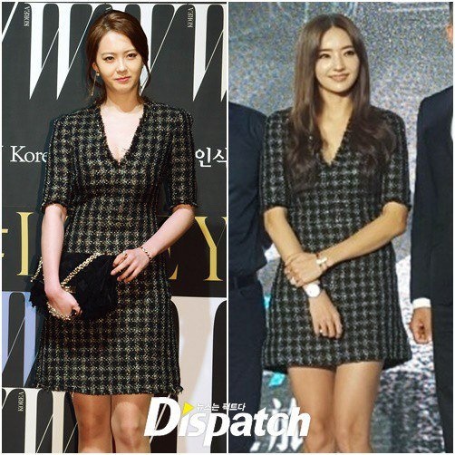 Mặc dù kém tuổi Han Chae Young nhưng người đẹp Go Ara già dặn hơn hẳn đàn chị khi diện cùng bộ váy liền. Lý do là bởi kiểu tóc buộc và clutch đen khiến Go Ara như một quý cô công sở.